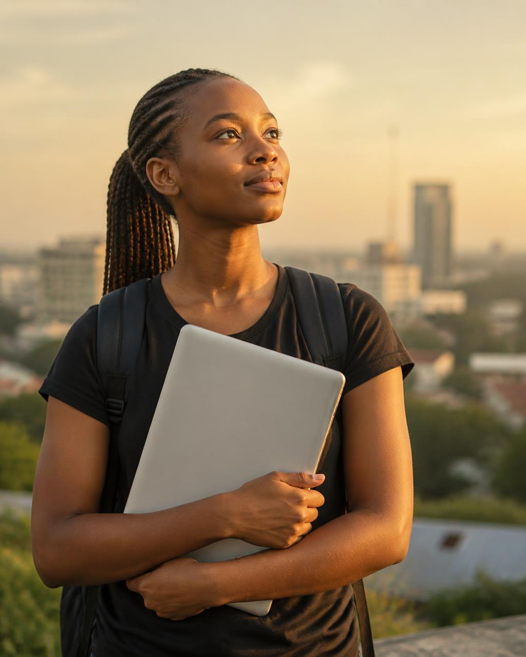 A young Zambian student holding a laptop, looking towards the Lusaka skyline at sunset